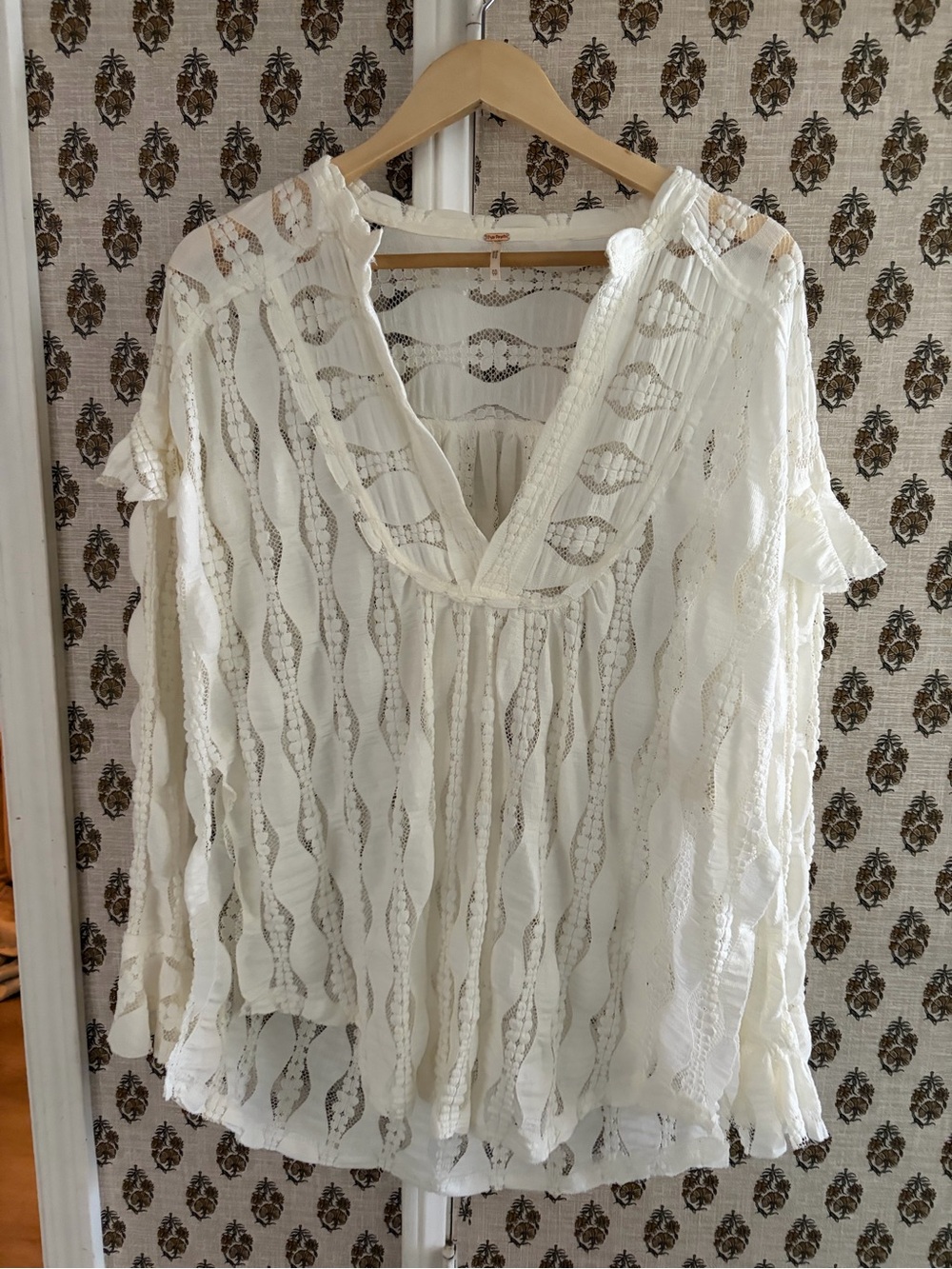 Free People Ivory Lace Split V-Neck Boho Blouse